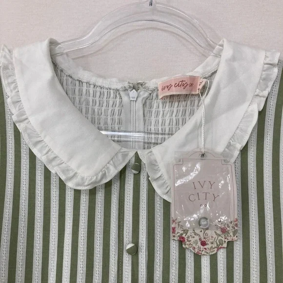 New Ivy City Kensie Dress XL Green Striped Peter Pan Collar Cottagecore Maxi - Picture 5 of 12